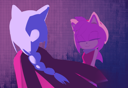 Size: 2048x1410 | Tagged: safe, artist:hewwopumpkin, amy rose, perci the bandicoot, abstract background, amy x perci, amybetes, cute, duo, eyes closed, lesbian, shipping, smile, standing