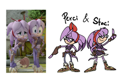 Size: 1106x705 | Tagged: safe, artist:noeggets, perci the bandicoot, staci the bandicoot, character name, duo, hand on hip, looking at viewer, pointing, redesign, reference inset, smile, sonic boom (tv), twins