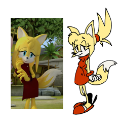 Size: 765x786 | Tagged: safe, artist:noeggets, zooey the fox, flat colors, lidded eyes, looking at viewer, redesign, reference inset, smile, solo, sonic boom (tv), standing