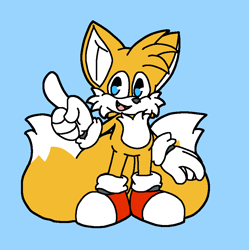 Size: 868x871 | Tagged: safe, artist:zangoonse, miles "tails" prower, blue background, cute, flat colors, looking at viewer, mouth open, pointing, simple background, smile, solo, standing