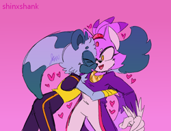 Size: 804x618 | Tagged: safe, artist:shinxshank, blaze the cat, tangle the lemur, 2018, beanbrows, bending over, cute, duo, eyes closed, gradient background, heart, hugging, lesbian, looking at them, shipping, signature, smile, standing, tanglaze