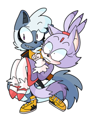 Size: 1536x2048 | Tagged: safe, artist:artyyline, blaze the cat, tangle the lemur, 2018, :|, blazebetes, blushing, carrying them, cute, duo, eyebrow clipping through hair, floppy ear, lesbian, looking offscreen, shipping, shrunken pupils, simple background, smile, tangabetes, tanglaze, transparent background