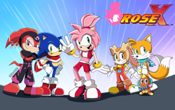 Size: 4134x2597 | Tagged: safe, artist:kitarehamakura, amy rose, chocola (chao), cream the rabbit, miles "tails" prower, shade the echidna, sonic the hedgehog, alternate universe, au:roseverse, sonic x