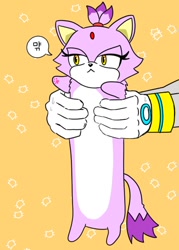 Size: 500x700 | Tagged: safe, artist:jtlc1fkctsohctu, blaze the cat, silver the hedgehog, 2023, animalified, duo, holding them, korean text, literal animal, orange background, simple background, speech bubble