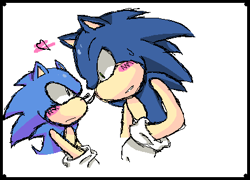 Size: 435x314 | Tagged: safe, artist:darkhakumaru, sonic the hedgehog, 2011, blushing, border, classic sonic, clenched teeth, duo, frown, gay, heart, looking at each other, modern sonic, self paradox, selfcest, shipping, simple background, sonic x sonic, sweatdrop, white background