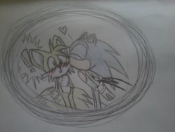 Size: 1280x960 | Tagged: safe, artist:ashandamber, miles "tails" prower, sonic the hedgehog, 2014, blushing, cute, duo, exclamation mark, eyes closed, gay, heart, kiss, mouth open, shipping, sonabetes, sonic x tails, standing, surprise kiss, surprised, tailabetes, traditional media