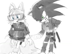 Size: 1024x768 | Tagged: safe, artist:domuchao, miles "tails" prower, sonic the hedgehog, 2023, alternate outfit, duo, greyscale, monochrome, simple background, spot color, white background