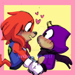 Size: 1024x1024 | Tagged: safe, artist:tairusuku, espio the chameleon, knuckles the echidna, 2017, alternate outfit, blushing, border, cute, deviantart watermark, duo, espibetes, gay, heart, holding hands, jacket, knucklebetes, knuxio, looking at each other, mouth open, scarf, shipping, simple background, smile, standing, watermark, yellow background