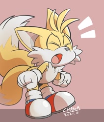 Size: 1355x1600 | Tagged: safe, artist:tailchana, miles "tails" prower, 2024, bending over, brown background, clenched fists, cute, eyes closed, mouth open, shouting, signature, solo, standing, tailabetes, too cute to be taken seriously