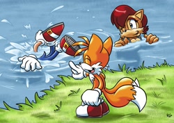 Size: 1768x1250 | Tagged: safe, artist:viraljp, miles "tails" prower, sally acorn, sonic the hedgehog, splash, water