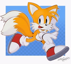 Size: 2048x1848 | Tagged: safe, artist:_starlight_1991, miles "tails" prower, 2024, abstract background, mouth open, outline, running, signature, smile, solo