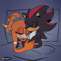 Size: 2048x2048 | Tagged: safe, artist:kikgazo17, shadow the hedgehog, tikal, blushing, shadikal, shipping, sleeping, straight