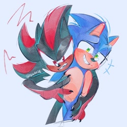 Size: 1000x1000 | Tagged: safe, artist:ghostie_goose, shadow the hedgehog, sonic the hedgehog, 2024, blue background, claws, clenched teeth, duo, frown, gay, gloves off, holding them, jealously, looking offscreen, shadow x sonic, shipping, signature, simple background, smile, standing