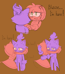 Size: 2048x2326 | Tagged: safe, artist:fikus345, amy rose, blaze the cat, 2024, amy x blaze, blushing, blushing ears, brown background, comforting, dialogue, duo, english text, hand on shoulder, hugging, lesbian, lidded eyes, shipping, simple background, standing, tears, tears of sadness