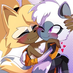 Size: 1280x1280 | Tagged: dead source, safe, artist:kkskfkgkwo72944, tangle the lemur, whisper the wolf, 2024, blushing, cute, duo, eyes closed, hugging, lesbian, one eye closed, shipping, smile, standing, tangabetes, tangle x whisper, whispabetes