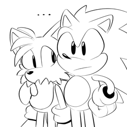 Size: 2048x2048 | Tagged: safe, artist:0vergrowngraveyard, miles "tails" prower, sonic the hedgehog, ..., arm around shoulders, black and white, classic sonic, classic tails, duo, frown, hand on hip, line art, looking at them, looking offscreen, monochrome, no mouth, simple background, standing, white background