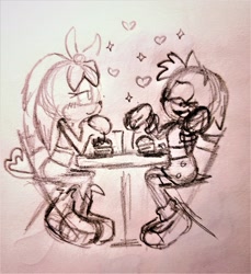 Size: 2048x2233 | Tagged: safe, artist:ribbonetteart, amy rose, perci the bandicoot, amy x perci, chair, date, duo, eyes closed, food, head rest, heart, heart tail, lesbian, lidded eyes, line art, looking at them, mouth open, shipping, sitting, sketch, smile, sonic boom (tv), table, talking, traditional media