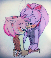 Size: 1280x1456 | Tagged: safe, artist:roiiak, amy rose, perci the bandicoot, amy x perci, blushing, clenched teeth, duo, floppy ears, holding them, lesbian, lidded eyes, looking at them, looking down, shipping, sketch, smile, sonic boom (tv), traditional media