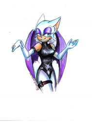 Size: 1175x1554 | Tagged: safe, artist:roiiak, rouge the bat, alternate outfit, lidded eyes, signature, simple background, smile, solo, white background