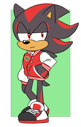 Size: 682x1071 | Tagged: safe, artist:cherucat, shadow the hedgehog, hedgehog, black fur, jacket, male, red eyes, red fur, sneakers