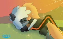 Size: 1399x872 | Tagged: safe, artist:jlolles_san, tangle the lemur, whisper the wolf, 2020, abstract background, cute, daytime, duo, eyes closed, grass, hugging, lesbian, lying down, lying on them, outdoors, shipping, sparkles, tangle x whisper