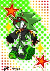 Size: 703x1000 | Tagged: safe, artist:eatdirt22, scourge the hedgehog, hedgehog, blue eyes, fingerless gloves, glasses, glasses on head, gloves, green fur, jacket, male, shoes, sunglasses