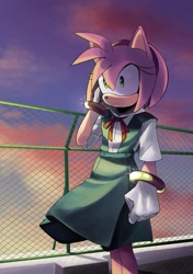 Size: 1444x2048 | Tagged: safe, artist:sonslivshad, amy rose, 2024, abstract background, alternate outfit, dress, frown, looking offscreen, outdoors, solo, standing, sunset