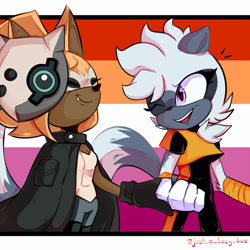 Size: 1024x1024 | Tagged: safe, artist:maja-thehoneybee, tangle the lemur, whisper the wolf, 2023, border, eyes closed, holding hands, lesbian, lesbian pride, pride, pride flag background, redraw, shipping, signature, smile, standing, tangle x whisper, wink