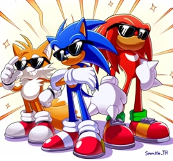 Size: 1952x1812 | Tagged: safe, artist:sparckleth, knuckles the echidna, miles "tails" prower, sonic the hedgehog, 2024, abstract background, arms folded, hand on hip, looking at viewer, signature, smile, sparkles, standing, sunglasses, team sonic, trio