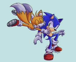 Size: 1985x1609 | Tagged: safe, artist:baffledbritt, miles "tails" prower, sonic the hedgehog, 2024, duo, eyes closed, hugging, hugging from behind, looking at them, mid-air, signature, simple background, smile, turquoise background