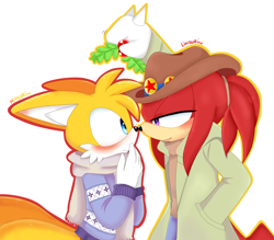 Size: 1300x1140 | Tagged: safe, artist:linzuki, knuckles the echidna, miles "tails" prower, 2017, alternate outfit, blushing, coat, duo, gay, hand in pocket, hat, holding something, holly, imminent kissing, knuxails, lidded eyes, looking at each other, mistletoe, outline, scarf, shipping, signature, simple background, smile, sweater, white background