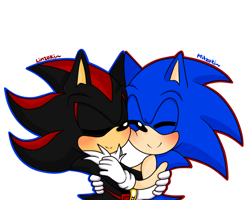 Size: 700x560 | Tagged: safe, artist:linzuki, shadow the hedgehog, sonic the hedgehog, 2016, blushing, cute, duo, eyes closed, gay, holding each other, shadow x sonic, shadowbetes, shipping, signature, simple background, smile, sonabetes, standing, white background