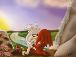 Size: 800x600 | Tagged: safe, artist:eikothepsycho, knuckles the echidna, silver the hedgehog, 2012, abstract background, clouds, duo, eyes closed, flower, gay, grass, holding each other, kiss, kneeling, knuxilver, outdoors, river, rock, rose, shipping, sitting, sunset, water, waterfall