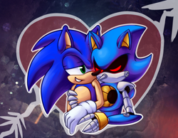 Size: 1550x1200 | Tagged: safe, artist:theenigmamachine, metal sonic, sonic the hedgehog, hedgehog, 2016, abstract background, arrow, arrow through heart, black sclera, bust, duo, eyes closed, gay, heart, hugging, hugging from behind, looking at them, metonic, outline, robot, shipping, smile