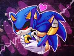 Size: 3200x2400 | Tagged: safe, artist:theenigmamachine, metal sonic, sonic the hedgehog, hedgehog, 2016, abstract background, black sclera, bust, duo, eyes closed, gay, hand on another's face, heart, hugging, hugging from behind, metonic, outline, robot, shipping