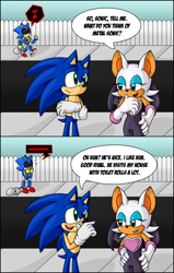 Size: 1410x2215 | Tagged: safe, artist:theenigmamachine, metal sonic, rouge the bat, sonic the hedgehog, 2015, abstract background, arms folded, bag, black sclera, daytime, dialogue, english text, eyes closed, fence, frown, gay, lidded eyes, looking at each other, looking at them, metonic, mouth open, musical note, outdoors, shipping, smile, speech bubble, standing, street, talking, toilet paper, trio, walking