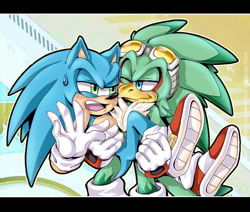 Size: 875x741 | Tagged: safe, artist:13voin, jet the hawk, sonic the hedgehog, 2012, abstract background, border, duo, eye twitch, gay, looking at each other, mouth open, shipping, smile, sonjet, standing, sweatdrop, wink