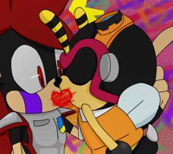 Size: 568x504 | Tagged: safe, artist:darkgwd, charmy bee, oc, oc:darrin the cat, cat, 2012, abstract background, canon x oc, charmy x darrin, duo, eyes closed, gay, heart, kiss, looking at them, shipping