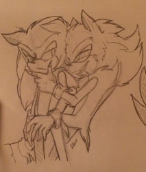 Size: 793x931 | Tagged: safe, artist:leooodh, sonic the hedgehog, 2015, blushing, clenched teeth, duo, finger under chin, fleetway super sonic, floppy ears, gay, lidded eyes, line art, looking at each other, monochrome, pencilwork, selfcest, sharp teeth, shipping, signature, sketch, smile, sonic x sonic, standing, super form, traditional media