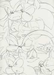 Size: 1571x2183 | Tagged: safe, artist:narcotize-nagini, shadow the hedgehog, sonic the hedgehog, 2013, dialogue, english text, exclamation mark, eyes closed, frown, gay, heart, kiss on cheek, lidded eyes, line art, looking at each other, monochrome, mouth open, question mark, shadow x sonic, shipping, simple background, smile, white background, yay