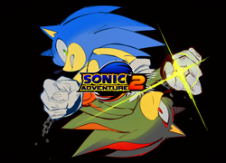 Size: 2048x1473 | Tagged: safe, artist:anhvo3511, shadow the hedgehog, sonic the hedgehog, sonic adventure 2, black background, chain, clenched teeth, duo, frown, logo, looking at viewer, shackles, simple background