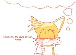 Size: 2048x1508 | Tagged: safe, artist:snt0skt, miles "tails" prower, 2024, blushing, cute, dialogue, english text, eyes closed, reaction image, simple background, solo, tailabetes, thought bubble, white background