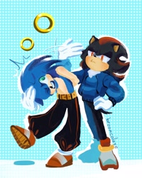 Size: 1638x2048 | Tagged: safe, artist:broomcolate, shadow the hedgehog, sonic the hedgehog, abstract background, alternate outfit, clothes, duo, gay, hand on head, hand on hip, hoodie, lidded eyes, looking at each other, one eye closed, outline, pants, ring, shadow x sonic, shipping, shirtless, signature, slapping, standing