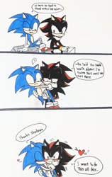 Size: 1291x2048 | Tagged: safe, artist:redhartsblog, shadow the hedgehog, sonic the hedgehog, :/, arrow through heart, bandage, carrying them, comic, cute, dialogue, duo, english text, exclamation mark, eyes closed, frown, gay, hand on another's face, heart, hugging, picking them up, shadow x sonic, shadowbetes, shipping, simple background, sitting, smile, sonabetes, speech bubble, standing, sweatdrop, thought bubble, traditional media, white background