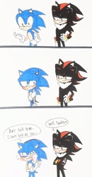 Size: 1066x2048 | Tagged: safe, artist:redhartsblog, shadow the hedgehog, sonic the hedgehog, :/, blushing, comic, covering face, cute, dialogue, duo, embarrassed, english text, flustered, gay, hand on hip, lidded eyes, looking at each other, looking at them, looking offscreen, realisation, shadow x sonic, shadowbetes, shipping, simple background, smile, sonabetes, speech bubble, standing, surprised, traditional media, white background