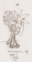 Size: 780x1494 | Tagged: safe, artist:ine-rocks, shadow the hedgehog, silver the hedgehog, 2009, blushing, carrying them, checkered background, cute, duo, eyes closed, gay, heart, hugging, lidded eyes, line art, looking at them, monochrome, pencilwork, shadow x silver, shadowbetes, shipping, silvabetes, standing, traditional media