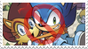 Size: 99x56 | Tagged: safe, artist:mshoshi, sally acorn, sonic the hedgehog, 2017, anti-shipping, carrying them, duo, looking at viewer, smile, stamp