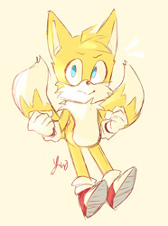 Size: 1280x1717 | Tagged: safe, artist:deadzawa, miles "tails" prower, 2020, clenched fists, looking at viewer, signature, simple background, smile, solo, standing, yellow background