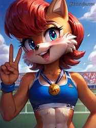 Size: 1536x2048 | Tagged: safe, ai art, artist:dreamup.ai, sally acorn, 2024, abstract background, blushing, clouds, daytime, medal, mouth open, outdoors, prompter:camilaandrade, smile, solo, sports bra, sports wear, standing, sweat, v sign