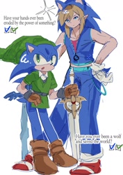 Size: 1274x1799 | Tagged: safe, artist:p1p1thehedgehog, caliburn, sonic the hedgehog, sonic and the black knight, cosplay, crossover, duo, link (loz), sword, the legend of zelda